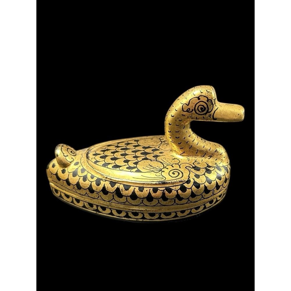 Black Lacquer Trinket Box Ornate Duck Goose Burmese Lidded Dish Vtg Gold Gilt 5"